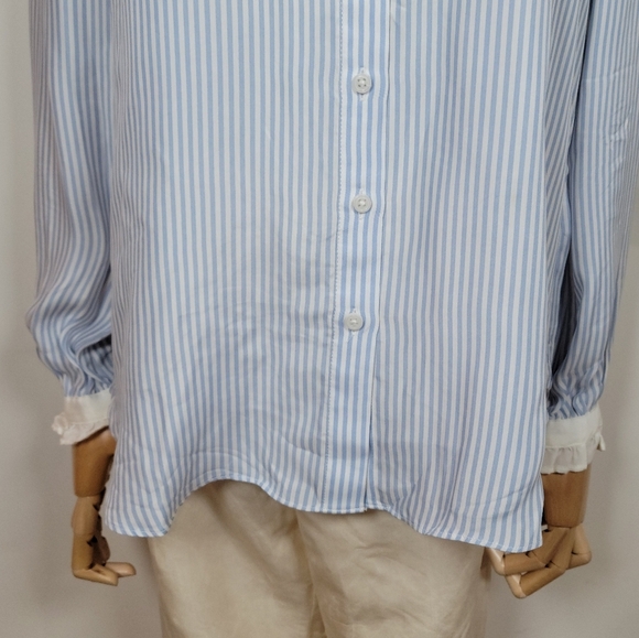 J. Crew Blue & White Striped Cupro Blend Button-Up Shirt Ruffle Trim Size Small - Picture 3 of 13